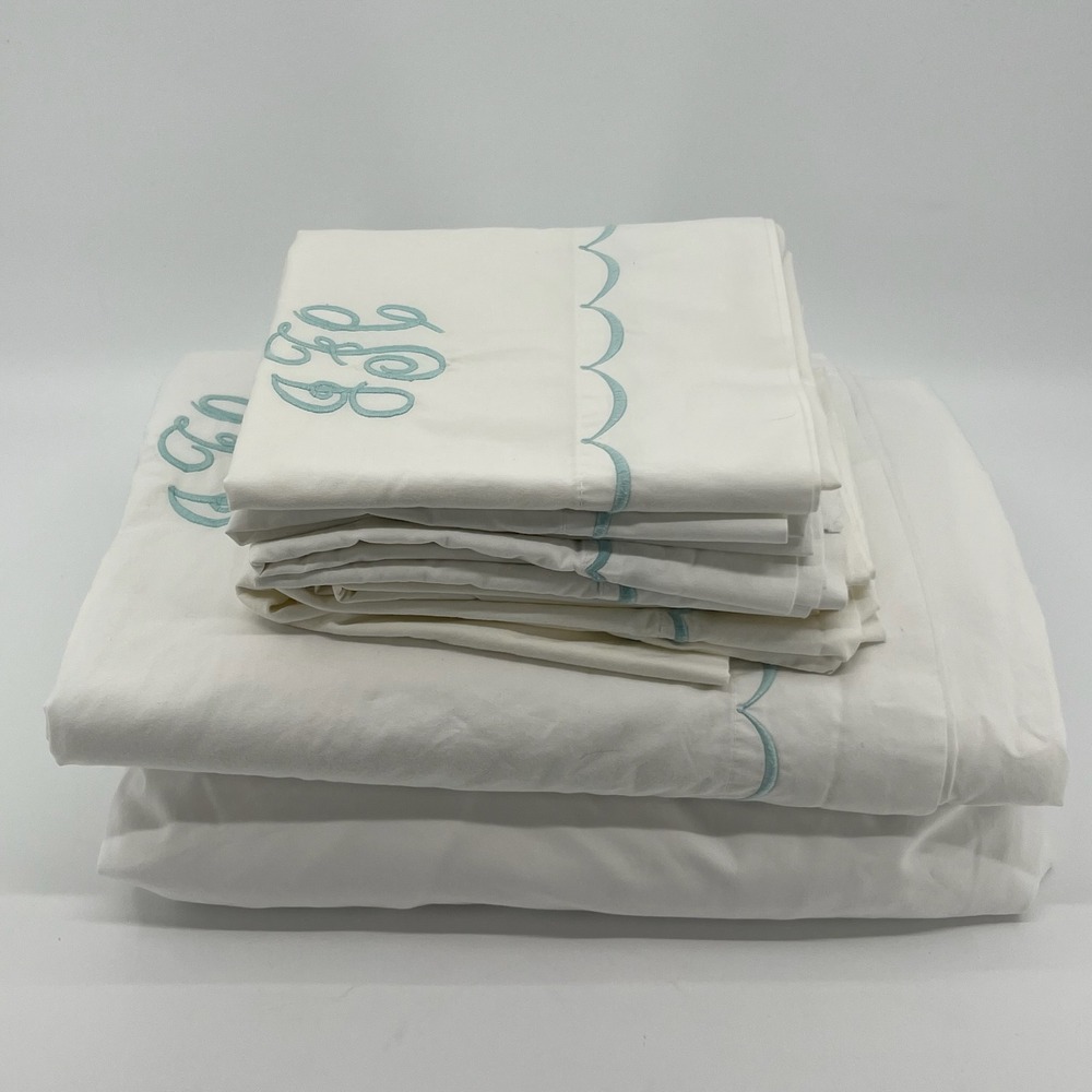 Garnet Hill Signature Scallop Sheet SET King Pima Cotton Monogram JCF 8 Piece